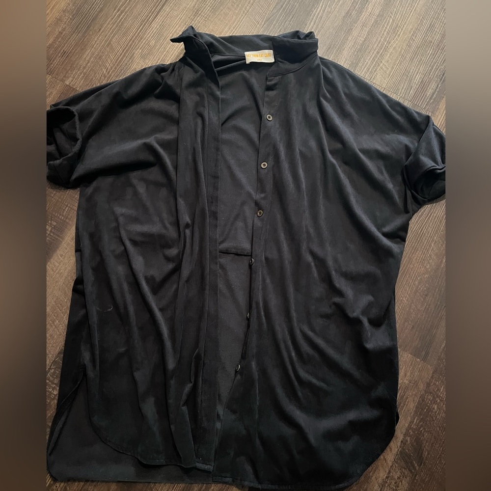 Black, mid thigh, button up cover up. Flannel style by Let Them Eat Cake